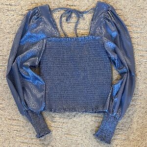 She + Sky Blue Smocked Blouse with Tie-Back